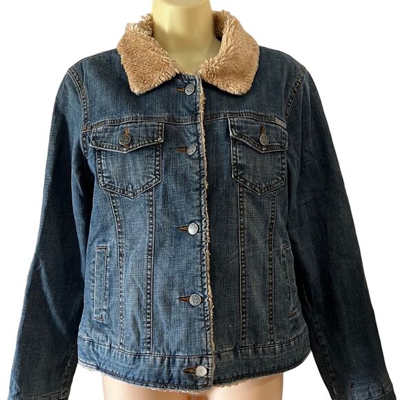 Cest toi Jeans Blue Denim Lined Jean Jacket w Faux Fur Trim Juniors XL - Picture 1 of 10